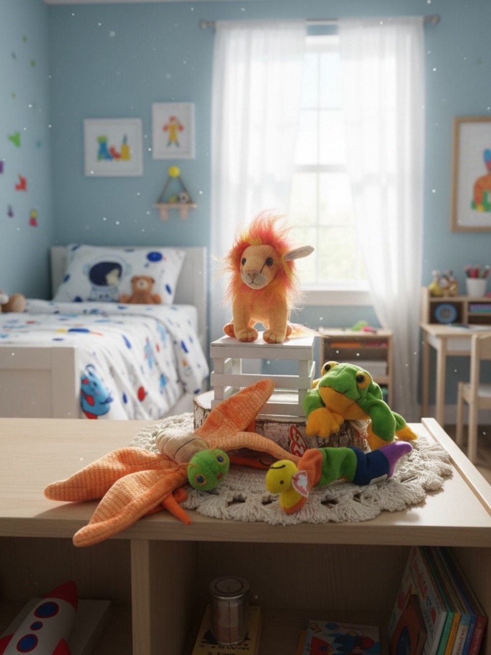 Ty Plush Lion, Frog, Starfish & Worm  - Orange, Green, Yellow, Purple(set 4).